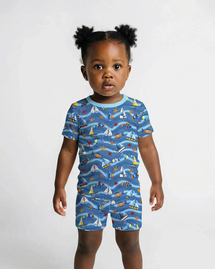 Blue Sail La Vie Family Matching Bamboo Two Piece Short Sleeve Shorts Pajama Set