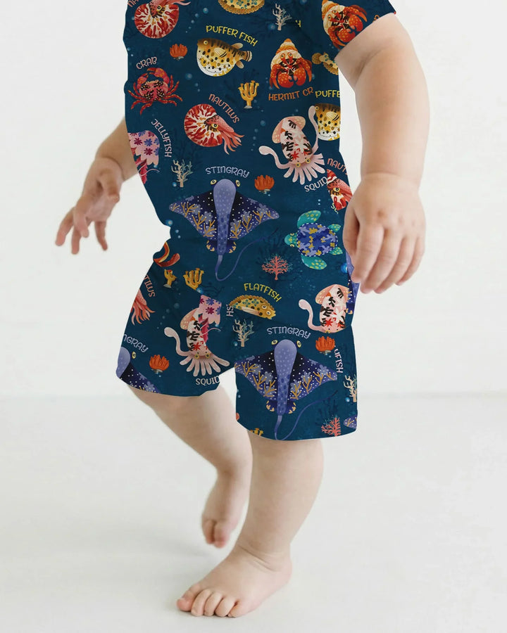 Deep Blue Wonders Bamboo Two Piece Short Sleeve Shorts Pajama Set