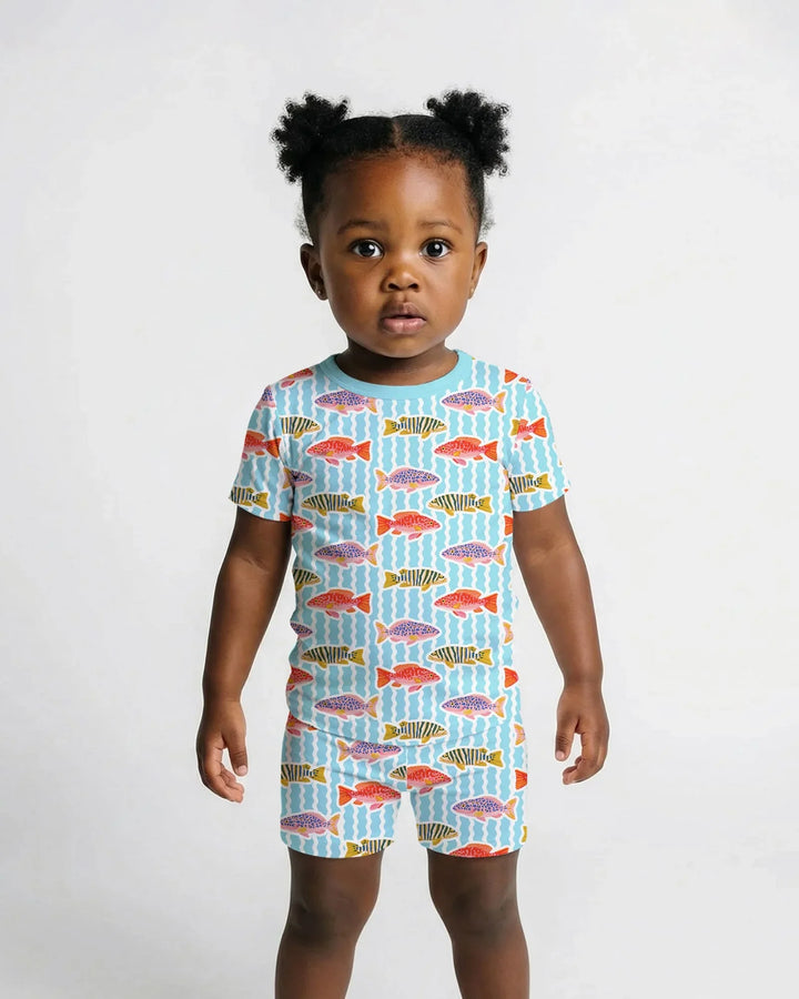 Preppy Fish Crew Bamboo Two Piece Short Sleeve Shorts Pajama Set