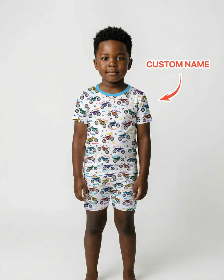 Dirt Track Dreamer Custom Name Daddy & Me Matching Bamboo Two Piece Short Sleeve Shorts Pajama Set