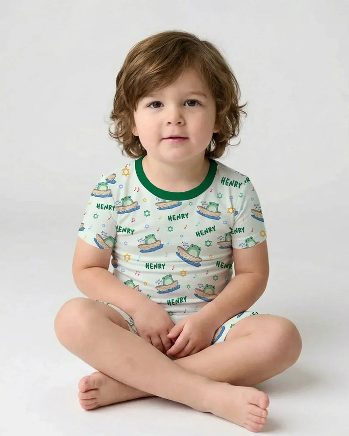 Frogs Here, Frogs There Passover Custom Name Bamboo Two Piece Short Sleeve Shorts Pajama Set