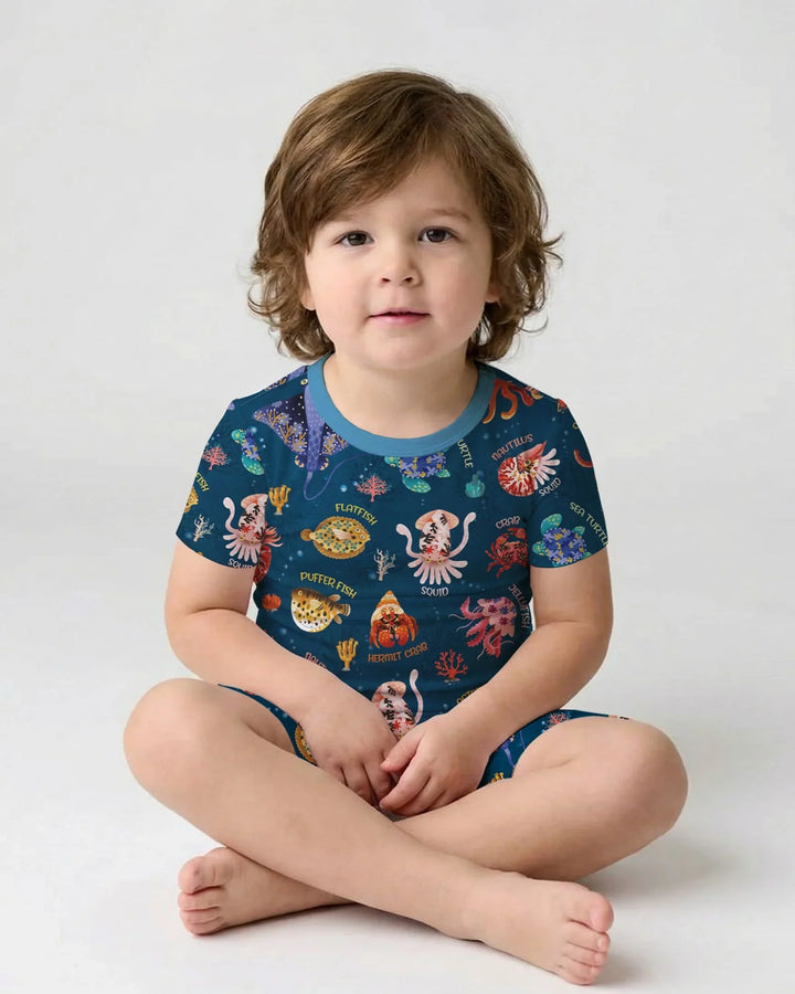 Deep Blue Wonders Bamboo Two Piece Short Sleeve Shorts Pajama Set
