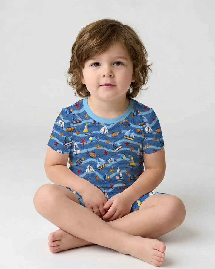 Blue Sail La Vie Family Matching Bamboo Two Piece Short Sleeve Shorts Pajama Set