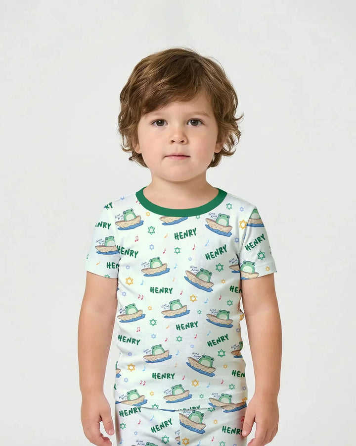 Frogs Here, Frogs There Passover Custom Name Bamboo Two Piece Short Sleeve Shorts Pajama Set