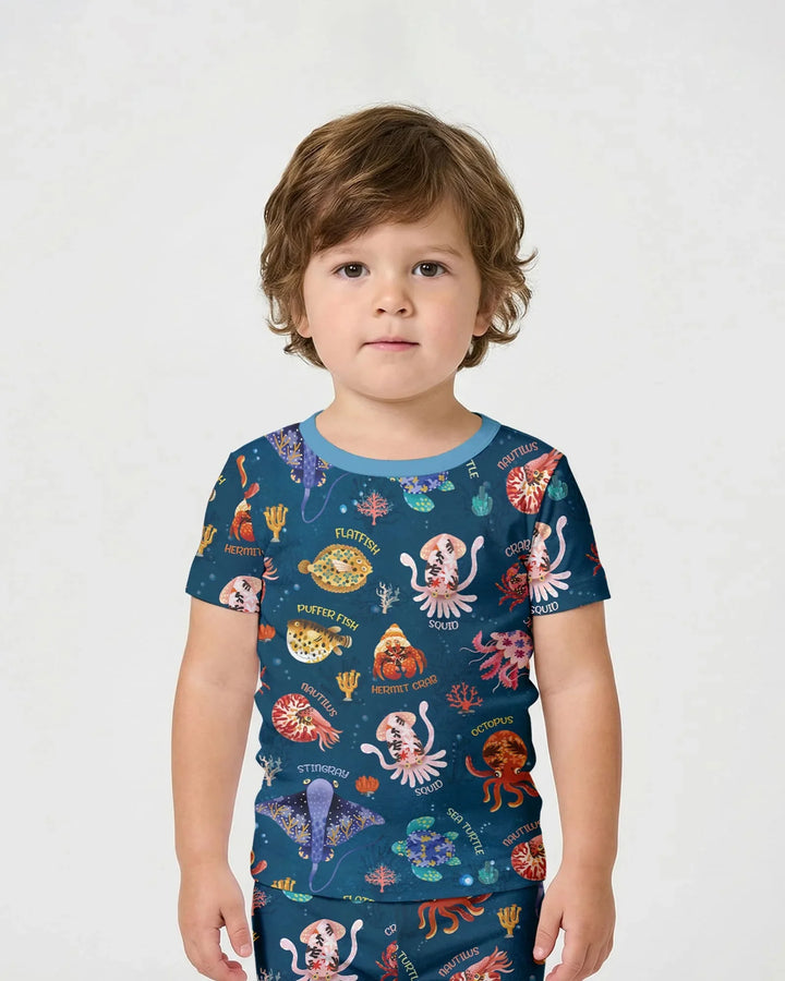 Deep Blue Wonders Bamboo Two Piece Short Sleeve Shorts Pajama Set