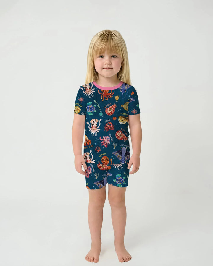 Deep Blue Wonders Bamboo Two Piece Short Sleeve Shorts Pajama Set