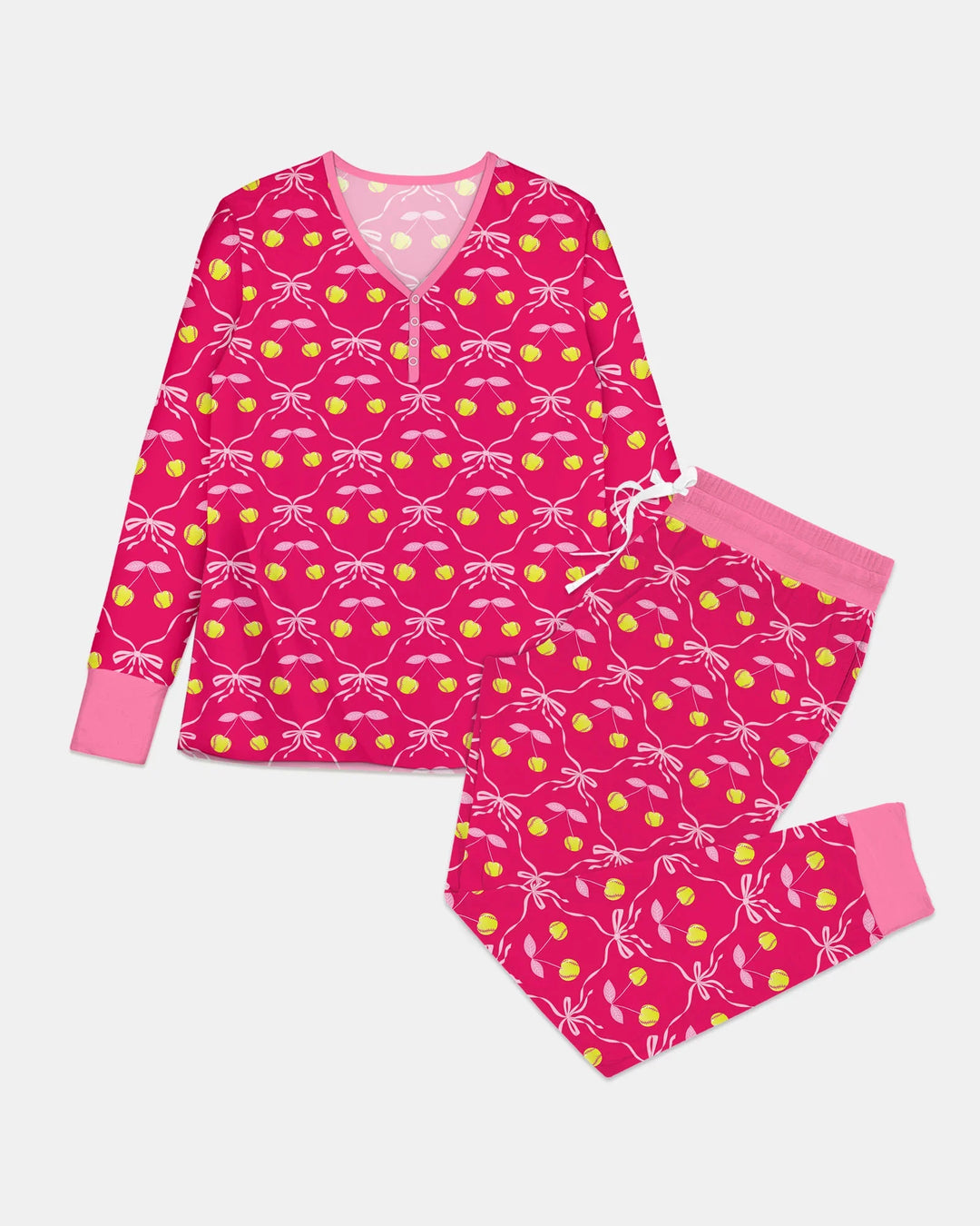 Cherry Baseball Softball Mom and Girl Matching Bamboo Women Pajama Set