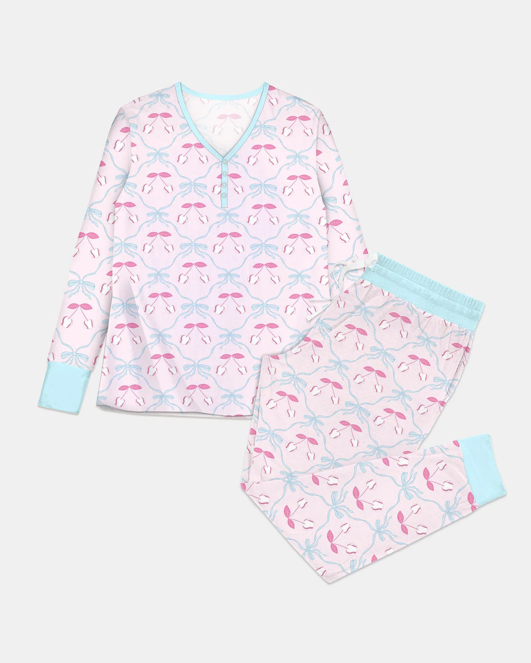 Cherry Baseball Softball Mom and Girl Matching Bamboo Women Pajama Set