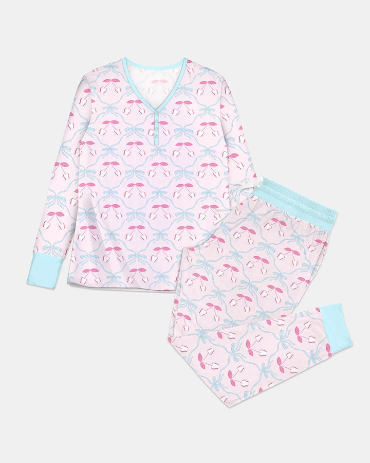 Cherry Baseball Softball Mom and Girl Matching Bamboo Women Pajama Set