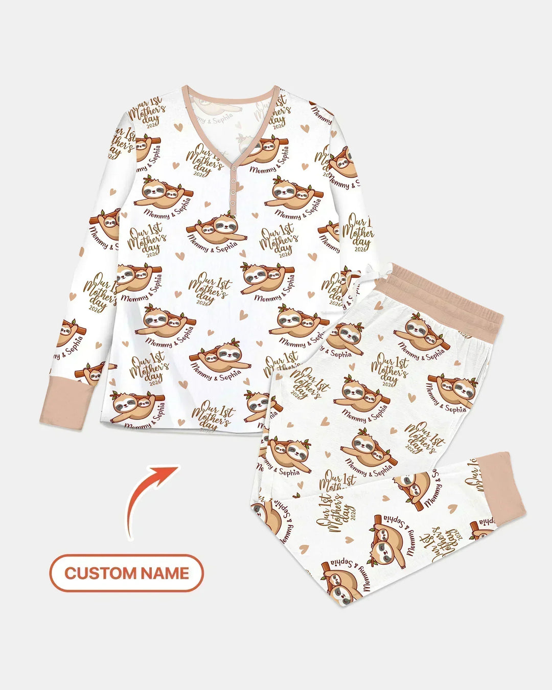 Custom Name Mama & Baby Sloth – Our First Mother’s Day 2026 Bamboo Women Pajama Set