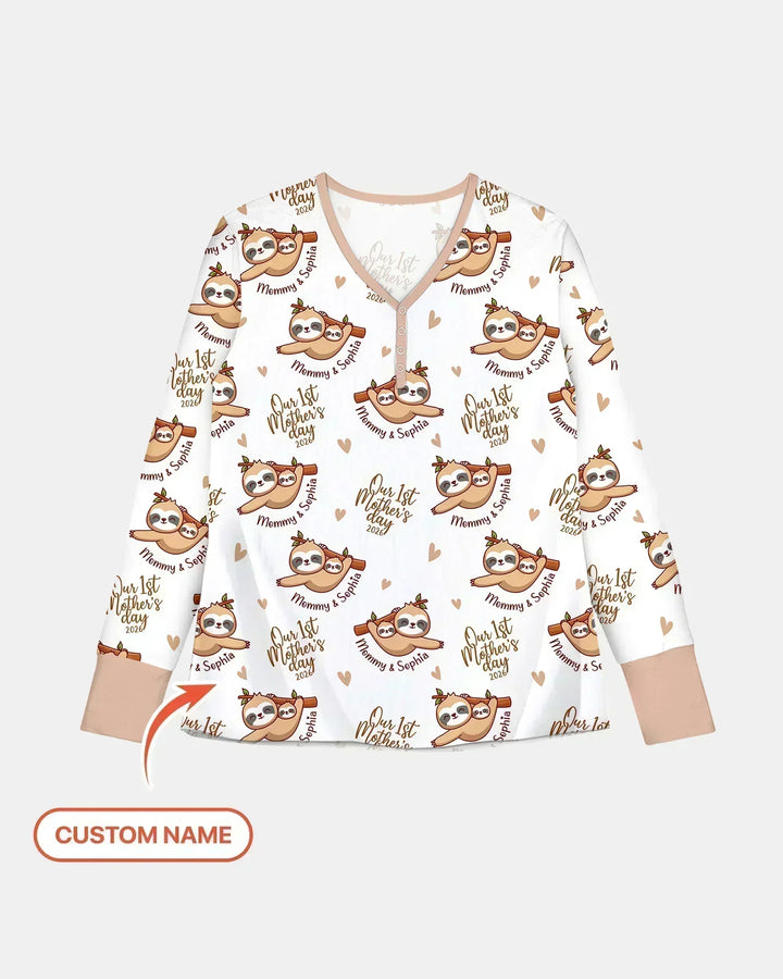Custom Name Mama & Baby Sloth – Our First Mother’s Day 2026 Bamboo Women Pajama Set