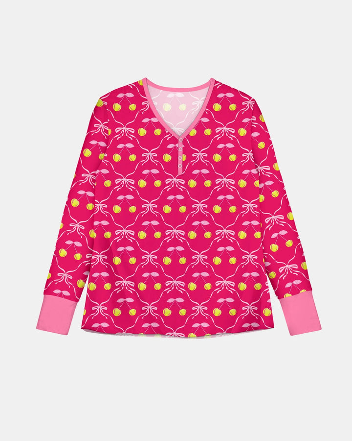 Cherry Baseball Softball Mom and Girl Matching Bamboo Women Pajama Set