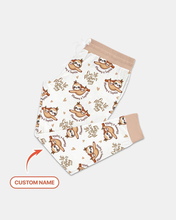 Custom Name Mama & Baby Sloth – Our First Mother’s Day 2026 Bamboo Women Pajama Set