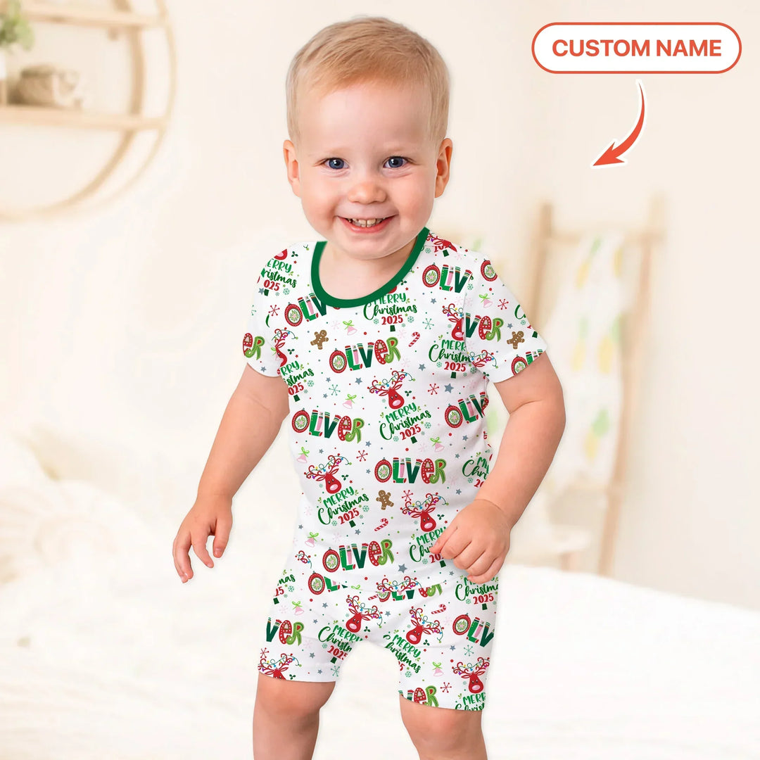 Custome Name "Whimsical Little Green" Two Piece Short Sleeve Shorts Pajama Set , Custome Name "Whimsical Little Green" Two Piece Short Sleeve Shorts Pajama Set - 12-18M