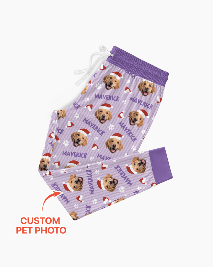 Custom Pet Photo Christmas Paws Stripe Bamboo Women Pajama Set