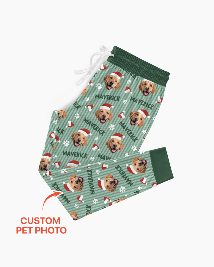 Custom Pet Photo Christmas Paws Stripe Bamboo Women Pajama Set