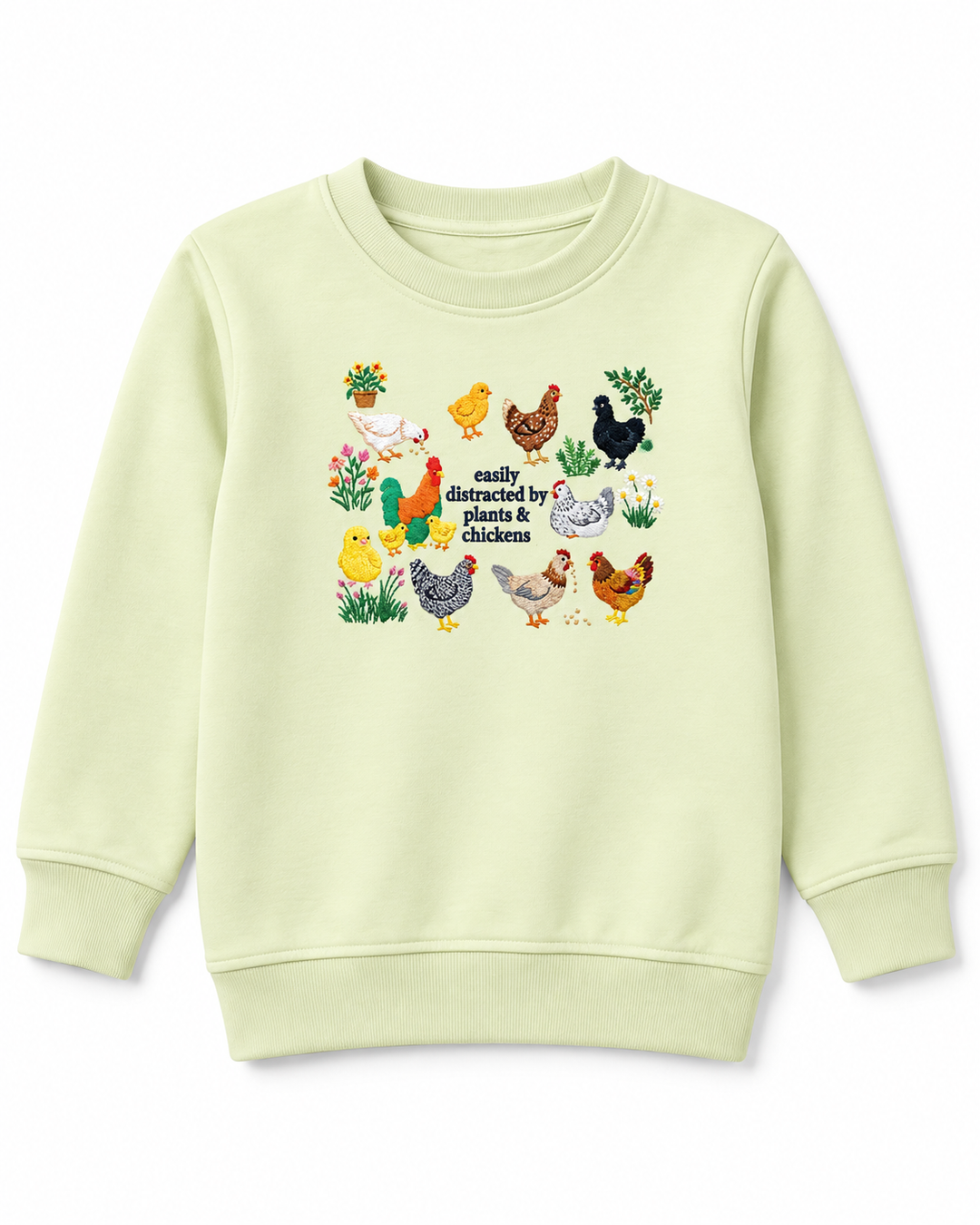 Easily Distracted By Plant And Chickens Embroidered Bamboo Crewneck Sweatshirt