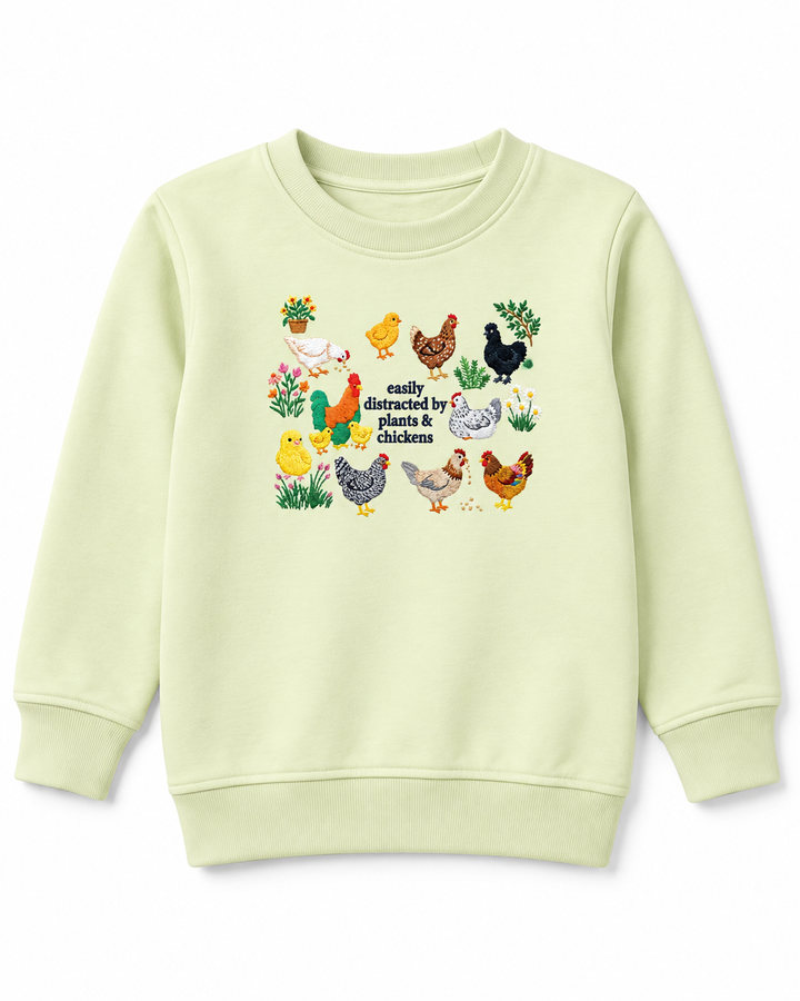 Easily Distracted By Plant And Chickens Embroidered Bamboo Crewneck Sweatshirt