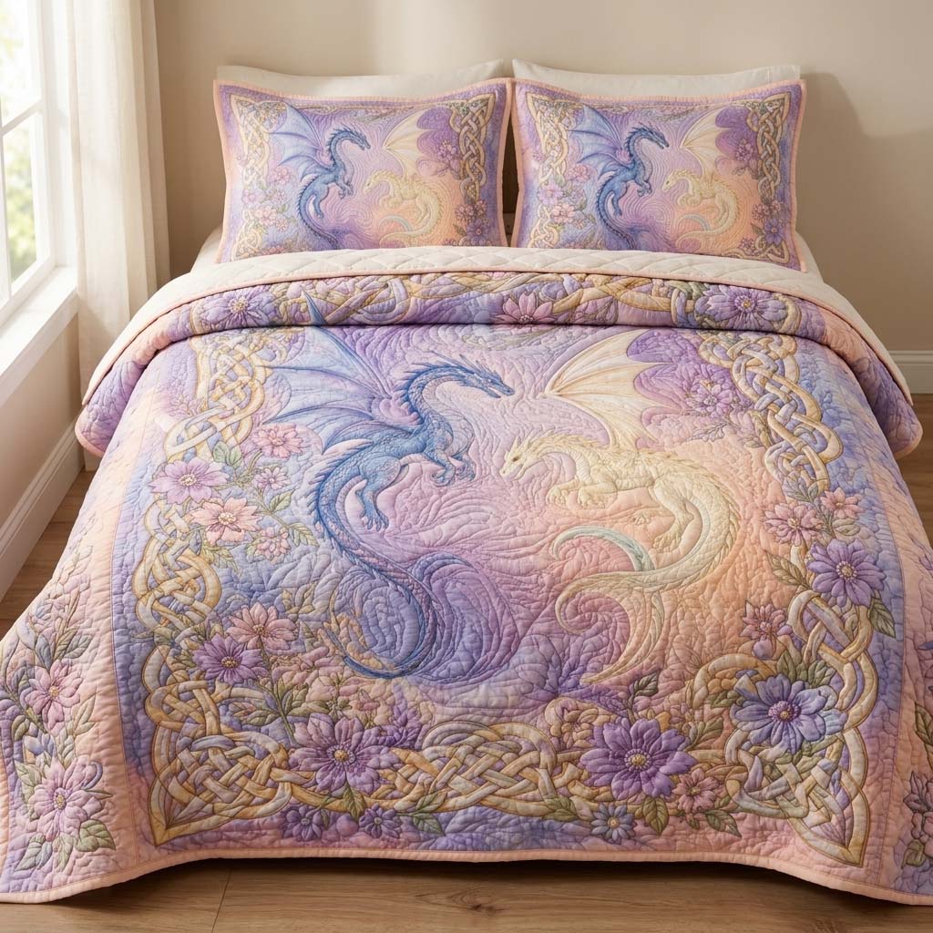 Pastel Celtic Twin Dragons Bamboo Quilt Bedding Set