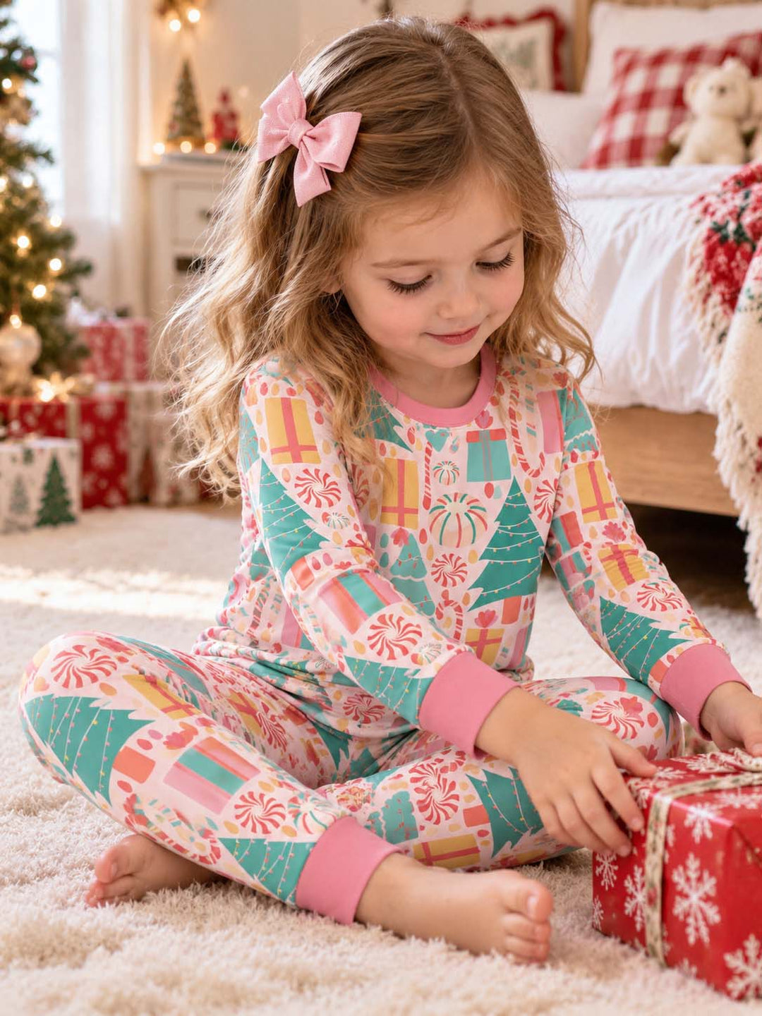 Pastel Christmas Candy and Gifts Bamboo Two Piece Long Sleeve Pajama Set