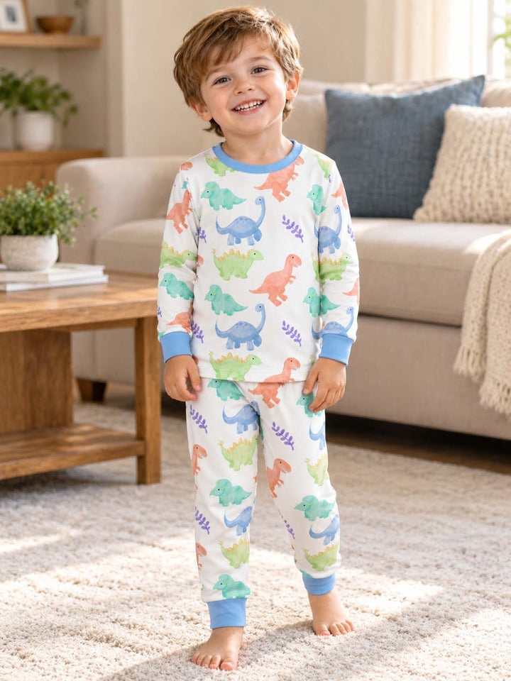 Pastel Watercolor Dinosaurs Bamboo Two Piece Long Sleeve Pajama Set