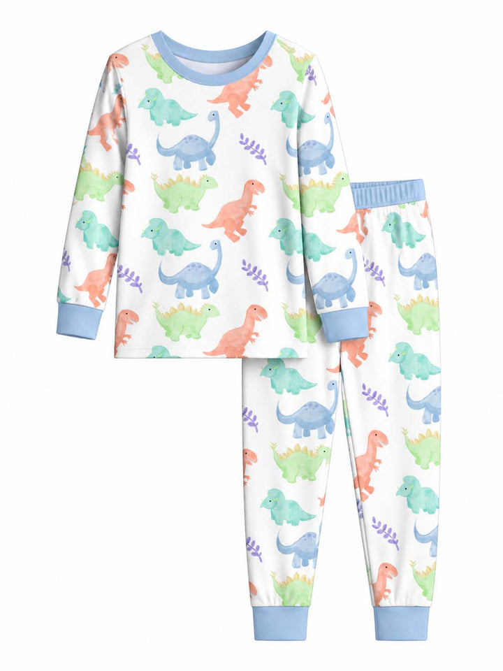 Pastel Watercolor Dinosaurs Bamboo Two Piece Long Sleeve Pajama Set