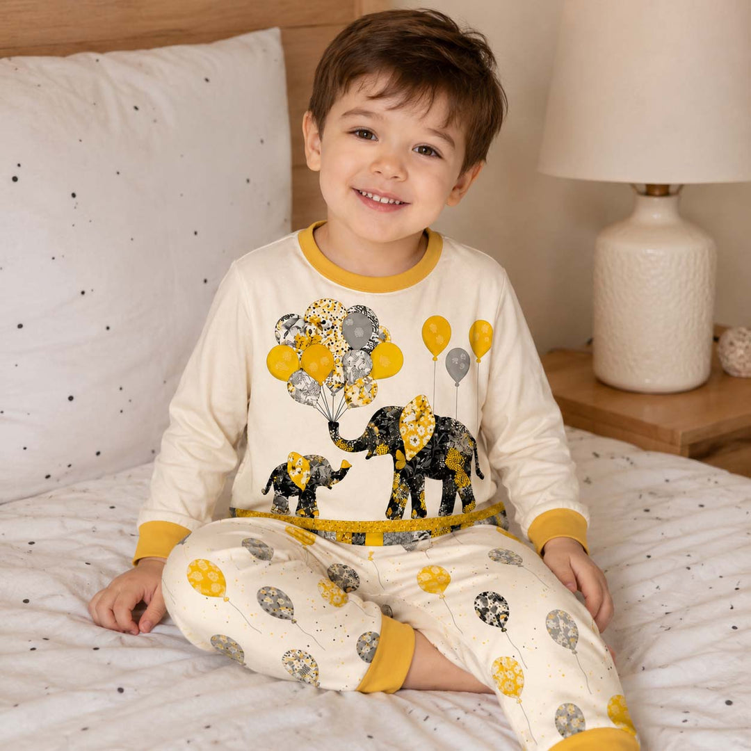 Patchwork Elephant Family Bamboo Two Piece Long Sleeve Pajama Set