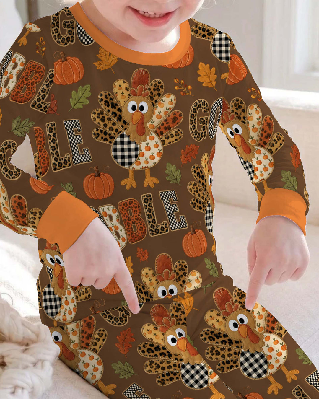 Patchwork Gobble Turkey Pumpkin Bamboo Two Piece Long Sleeve Pajama Set