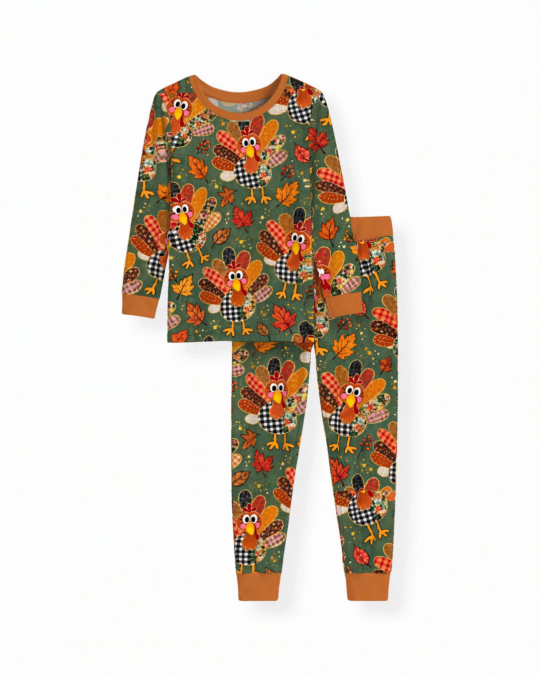 Patchwork Turkey Autumn Leaves Bamboo Two Piece Long Sleeve Pajama Set