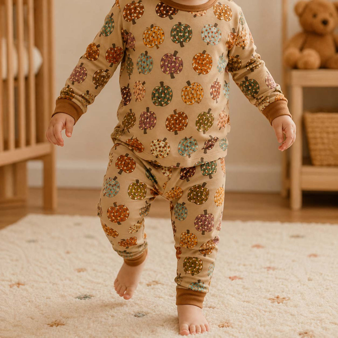 Patterned Autumn Pumpkins Bamboo Two Piece Long Sleeve Pajama Set