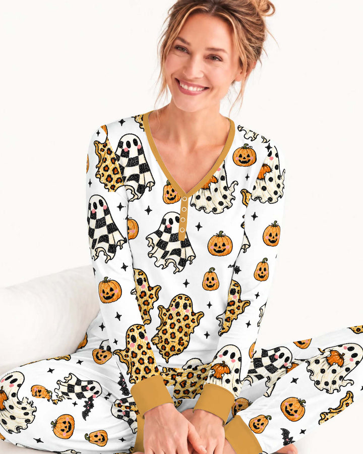 Patterned Ghost Halloween Bamboo Women Pajama Set