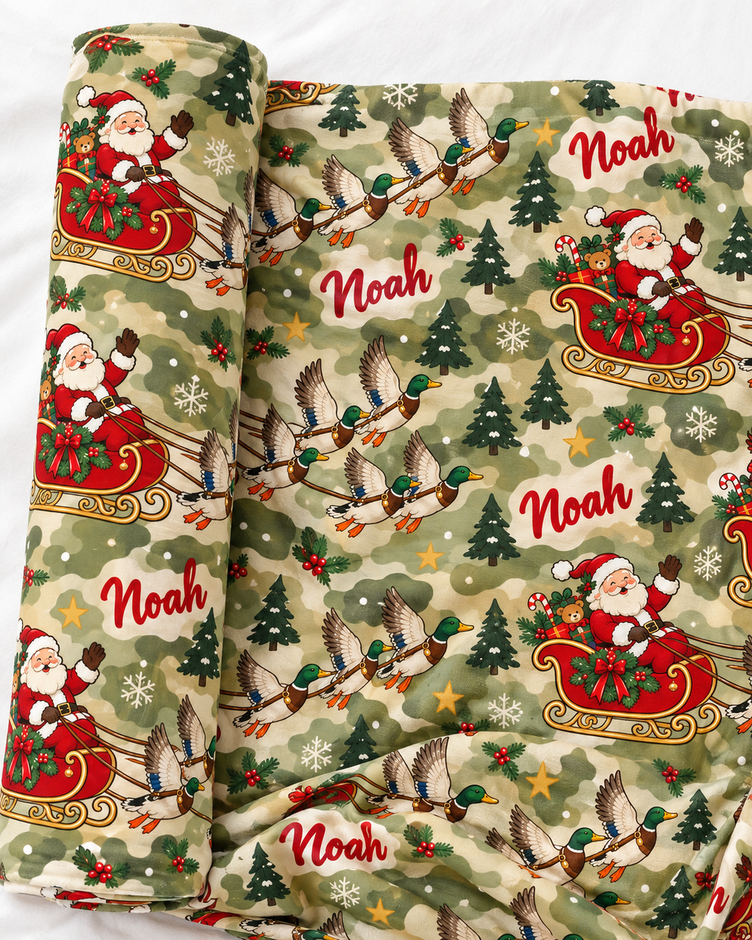 Custom Name Santa Christmas Duck Sleigh Bamboo Swaddle Blanket