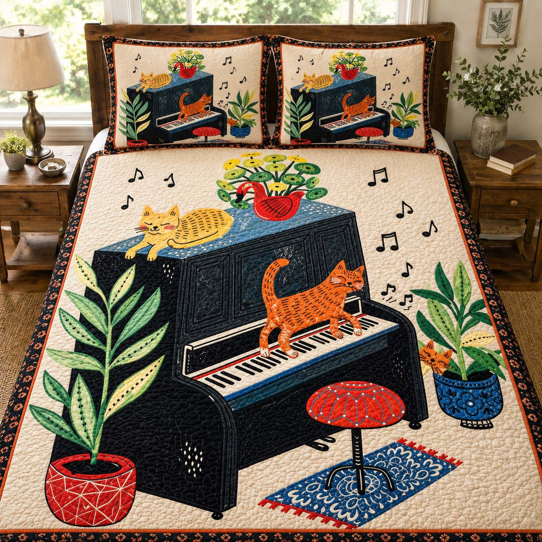 Piano Cat Melody Bamboo Quilt Bedding Set