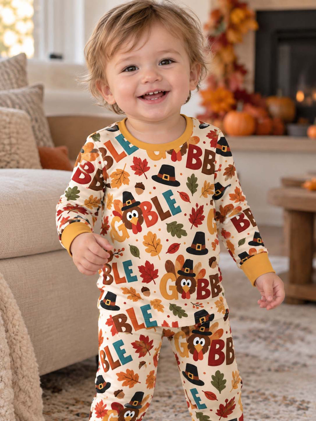 Pilgrim Turkey Gobble Fall Bamboo Two Piece Long Sleeve Pajama Set