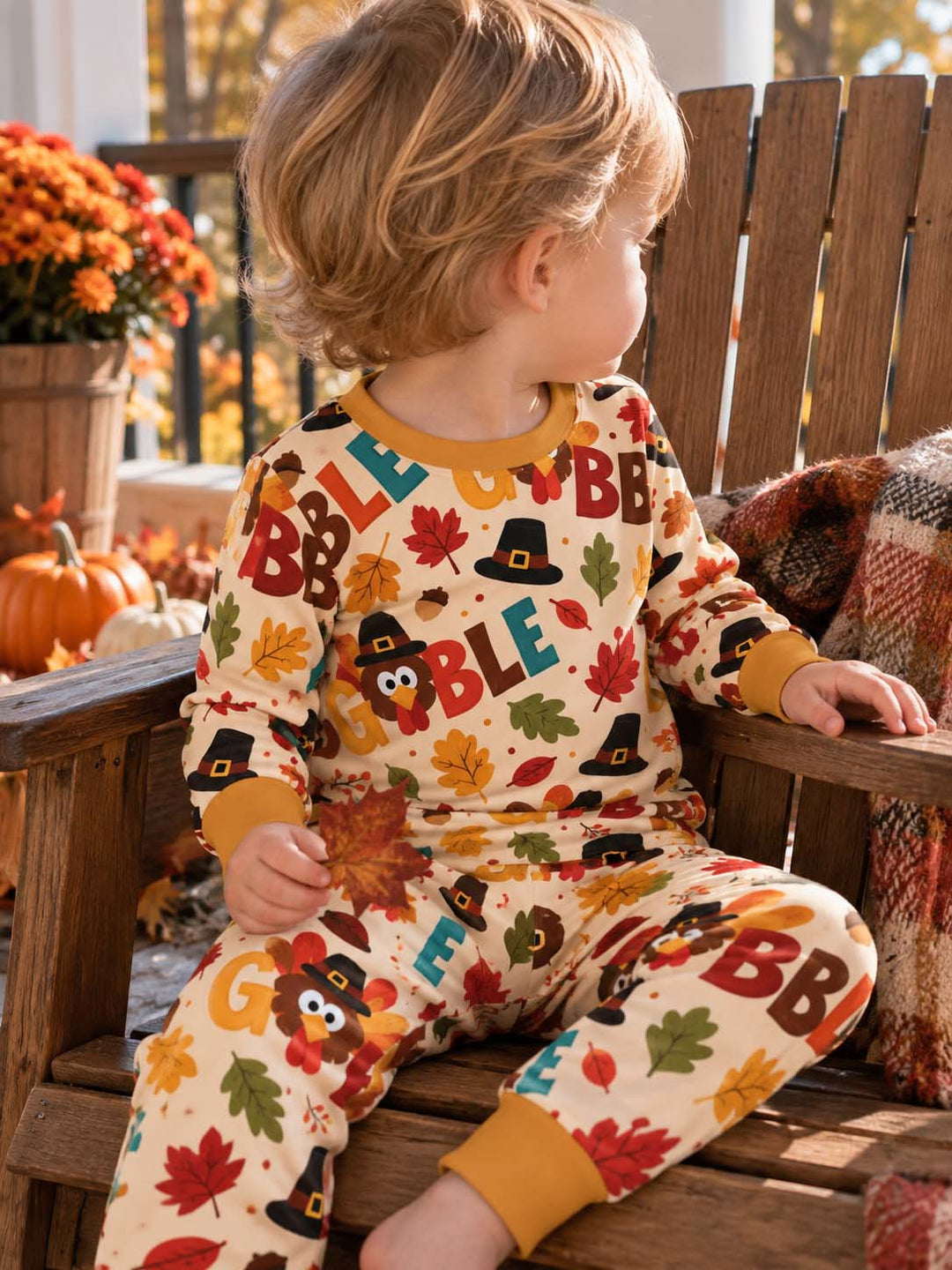 Pilgrim Turkey Gobble Fall Bamboo Two Piece Long Sleeve Pajama Set