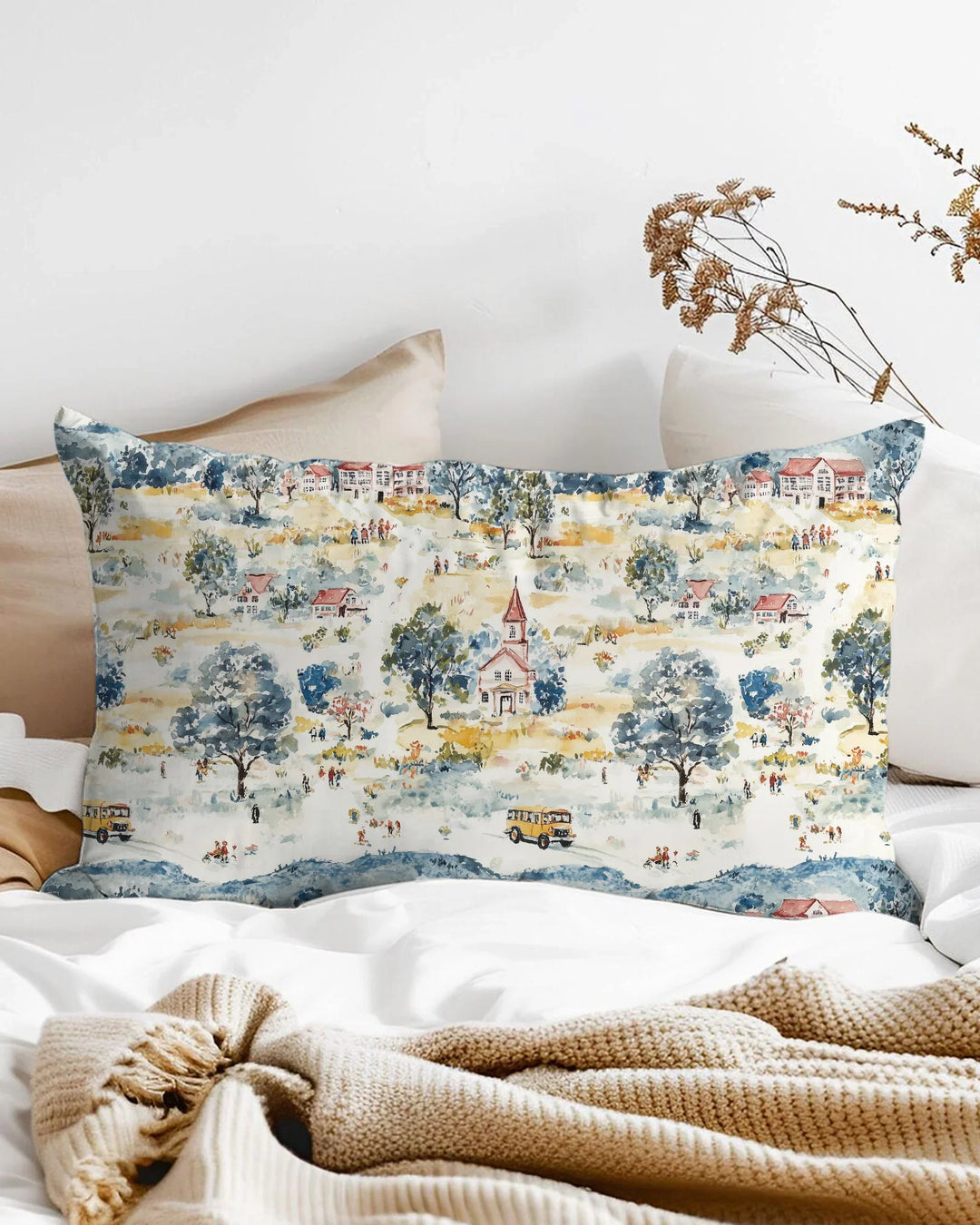 Whimsical Watercolor School Village Bamboo Pillow Case