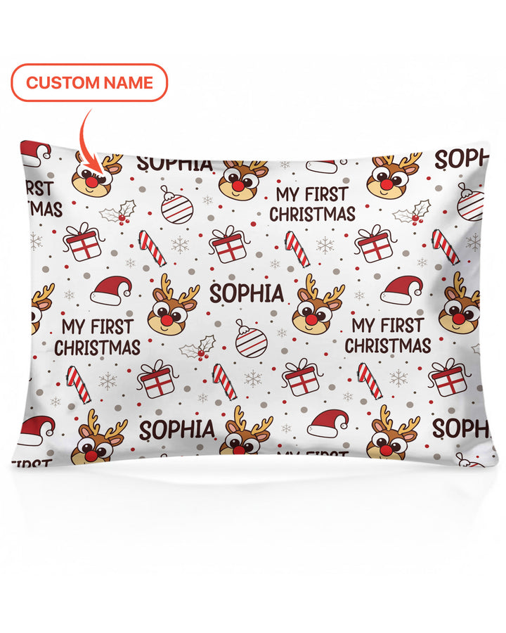 Custom Name Reindeer Doodle My First Christmas Bamboo Pillow Case