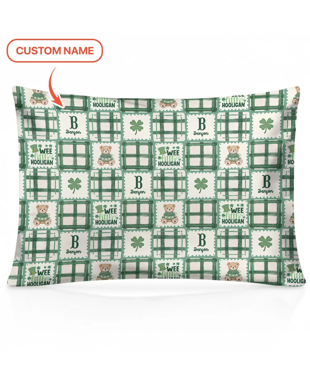 Custom Name Teddy Bear Gingham St. Patrick's Day Bamboo Pillow Case