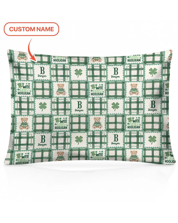 Custom Name Teddy Bear Gingham St. Patrick's Day Bamboo Pillow Case