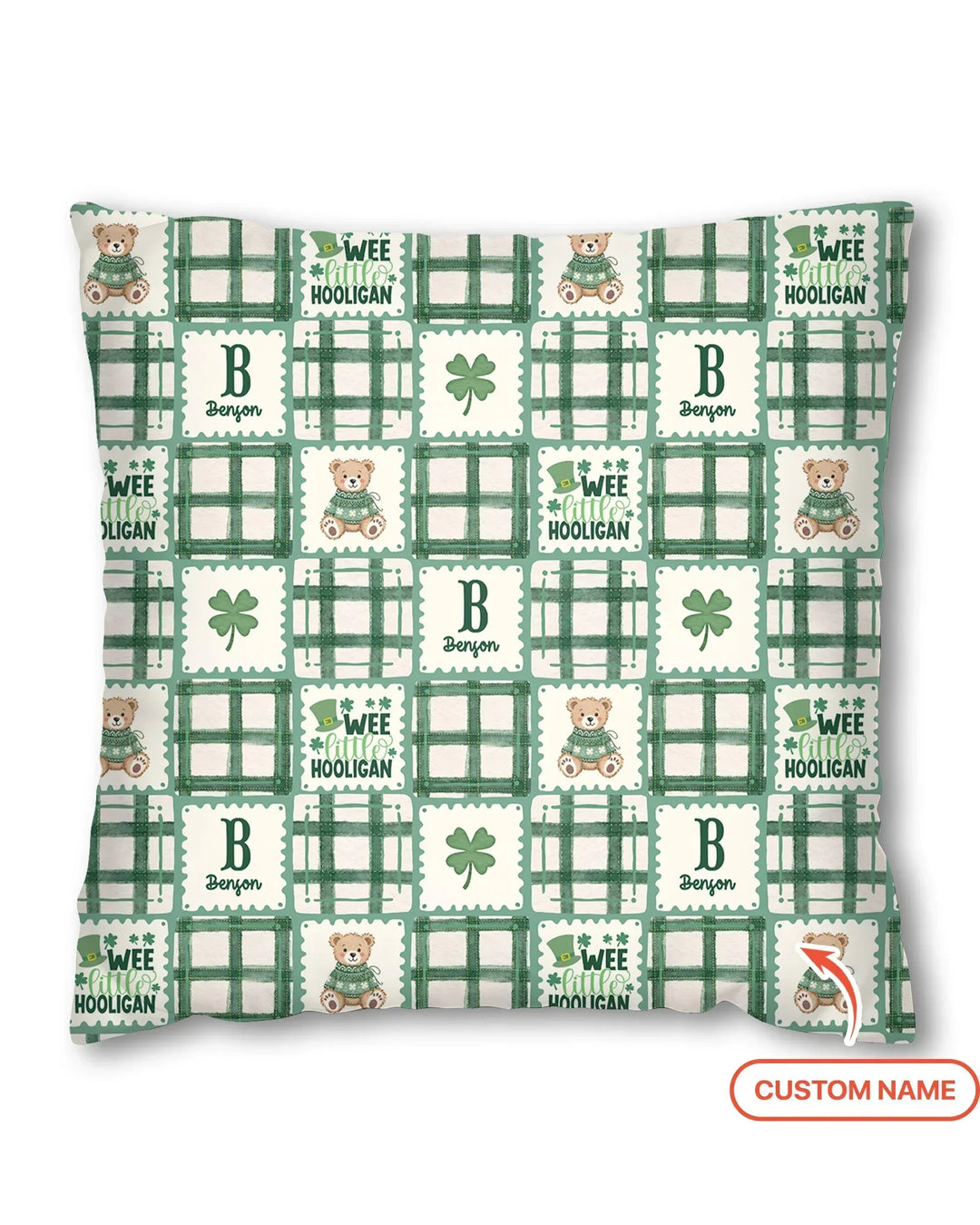 Custom Name Teddy Bear Gingham St. Patrick's Day Bamboo Pillow Case