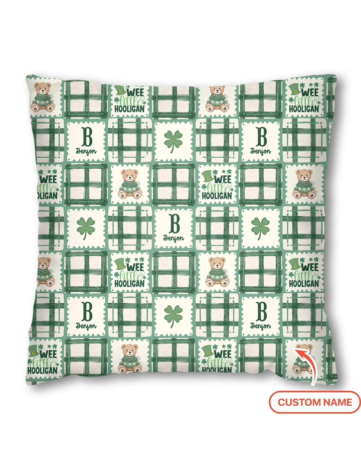 Custom Name Teddy Bear Gingham St. Patrick's Day Bamboo Pillow Case
