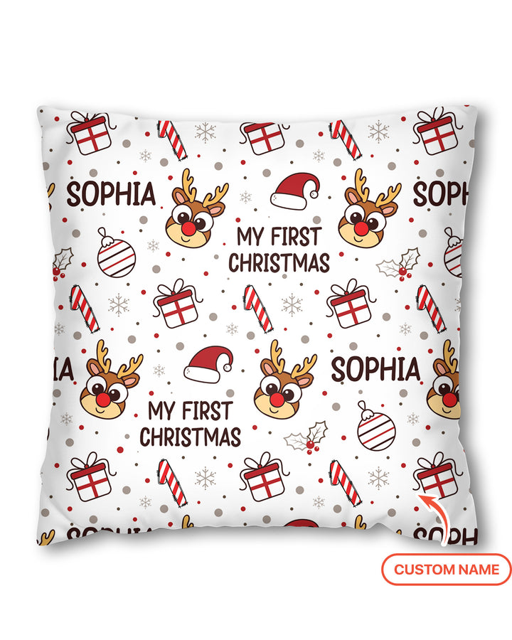 Custom Name Reindeer Doodle My First Christmas Bamboo Pillow Case