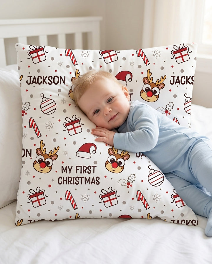 Custom Name Reindeer Doodle My First Christmas Bamboo Pillow Case