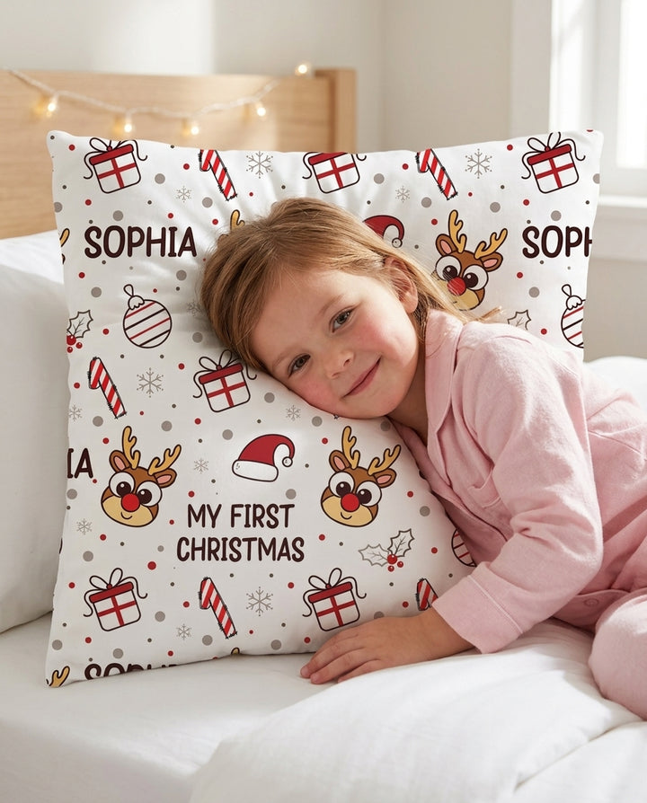 Custom Name Reindeer Doodle My First Christmas Bamboo Pillow Case