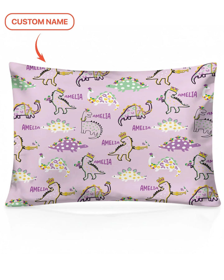 Custom Name Mardi Gras Saurus Bamboo Pillow Case