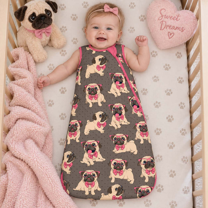 Pink Bow Pug Puppies Bamboo Sleep Bag