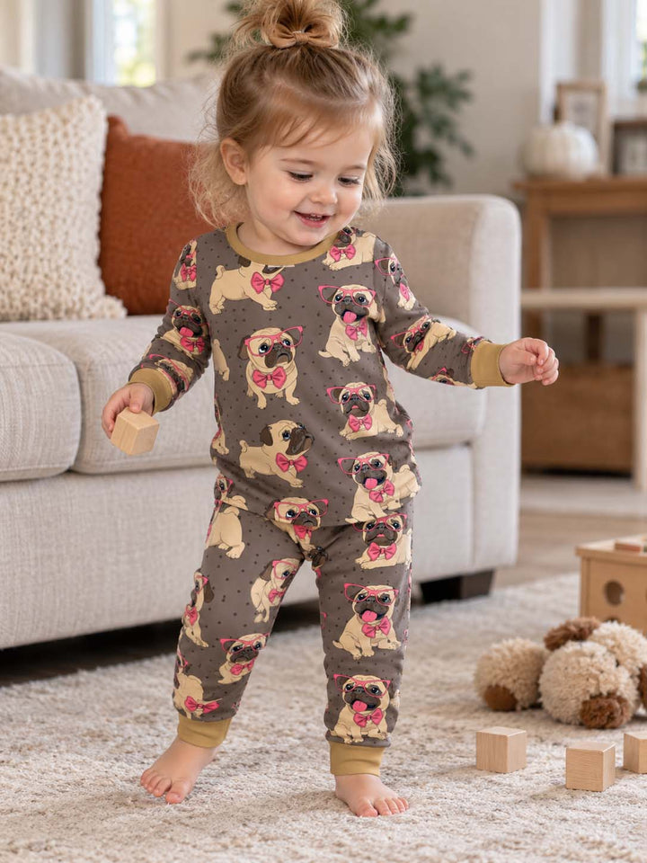 Pink Bow Pug Puppies Bamboo Two Piece Long Sleeve Pajama Set