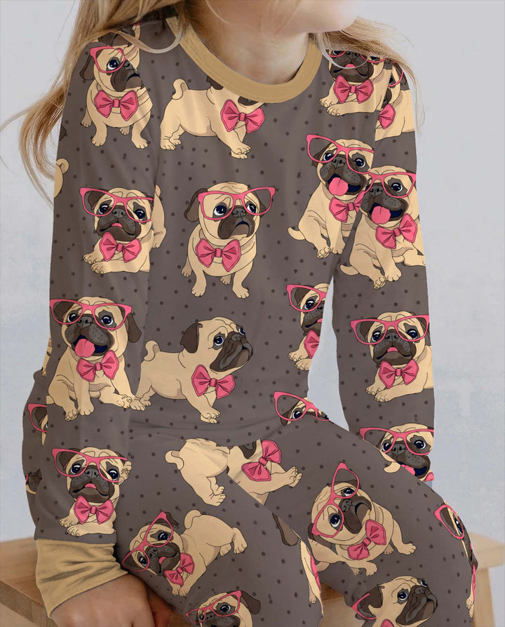 Pink Bow Pug Puppies Bamboo Two Piece Long Sleeve Pajama Set
