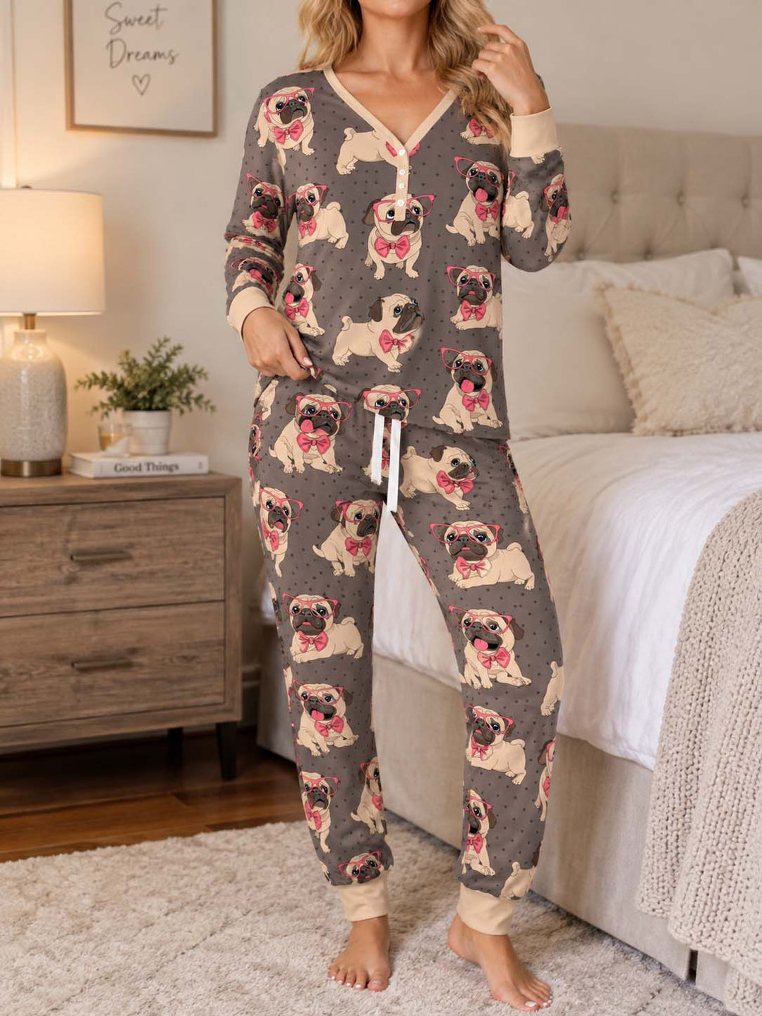 Pink Bow Pug Puppies Bamboo Women Pajama Set