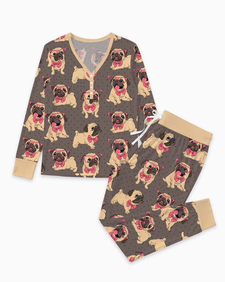 Pink Bow Pug Puppies Bamboo Women Pajama Set